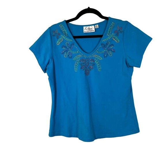 Linea by Louis Dell'Olio Blue Embroidered Floral Blouse Size Medium - Picture 1 of 4